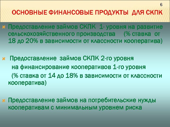 6 ОСНОВНЫЕ ФИНАНСОВЫЕ ПРОДУКТЫ ДЛЯ СКПК Предоставление займов СКПК 1 - уровня на развитие