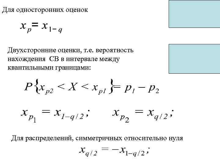 Для односторонних оценок Двухсторонние оценки, т. е. вероятность нахождения СВ в интервале между квантильными