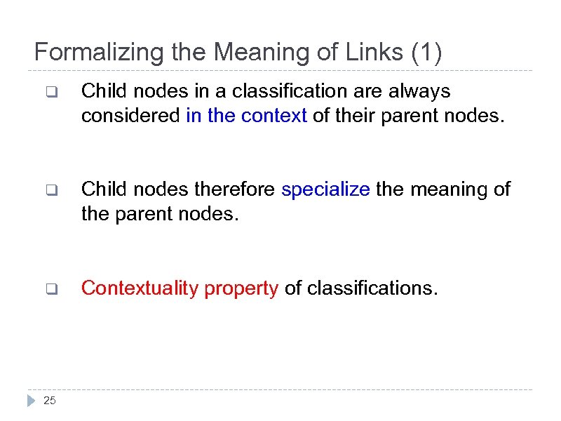 Formalizing the Meaning of Links (1) q Child nodes in a classification are always