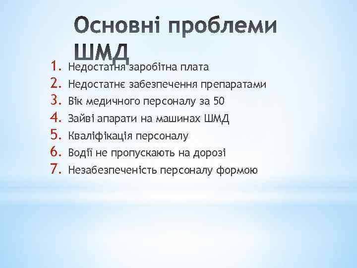 1. 2. 3. 4. 5. 6. 7. Недостатня заробітна плата Недостатнє забезпечення препаратами Вік