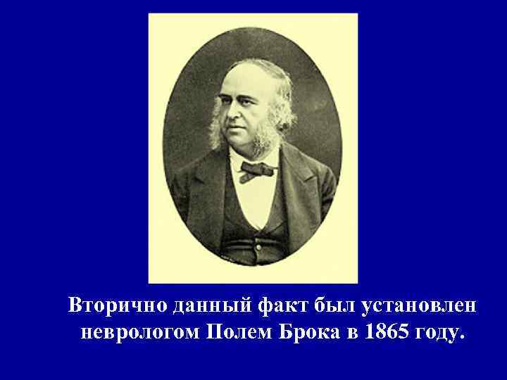 Вторично данный факт был установлен неврологом Полем Брока в 1865 году. 