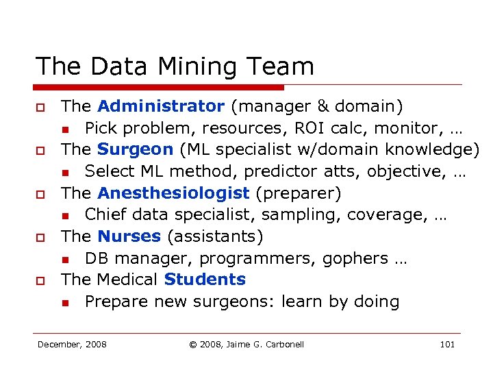 The Data Mining Team o o o The Administrator (manager & domain) n Pick