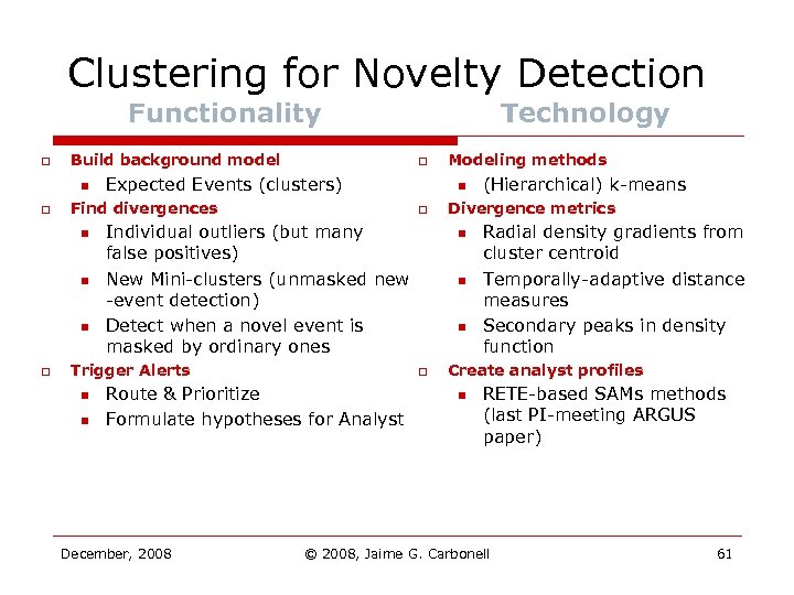 Clustering for Novelty Detection Functionality o Build background model n o n n o