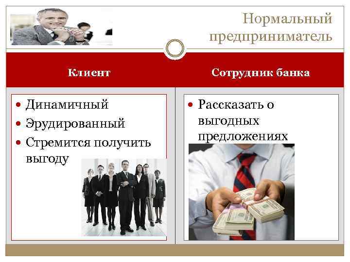 Нормальный предприниматель Клиент Динамичный Эрудированный Стремится получить выгоду Сотрудник банка Рассказать о выгодных предложениях