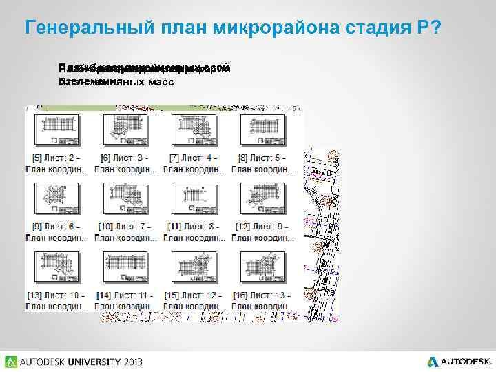 Генеральный план микрорайона стадия Р? Планы координационных осей План благоустройства и Разбивочный планрельефа организации