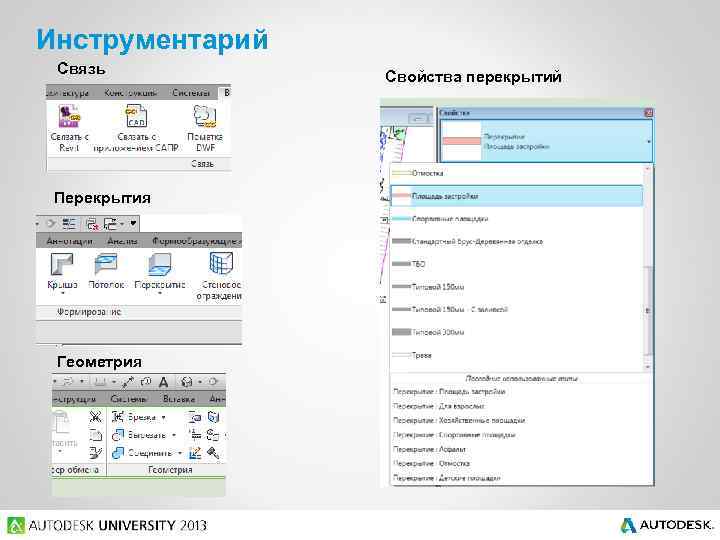 Инструментарий Связь Перекрытия Геометрия Свойства перекрытий 