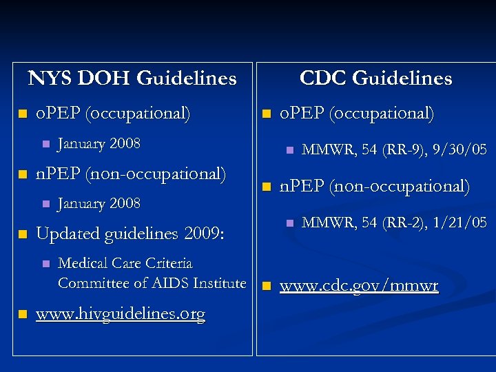 NYS DOH Guidelines n o. PEP (occupational) n n January 2008 Updated guidelines 2009: