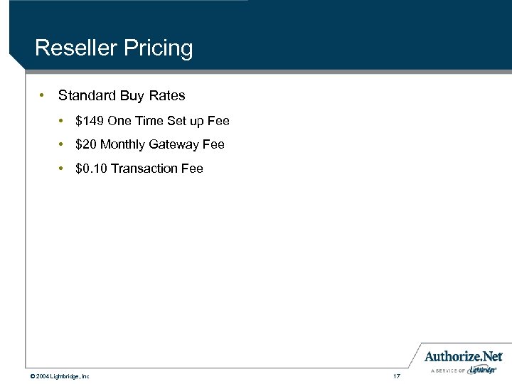 Reseller Pricing • Standard Buy Rates • $149 One Time Set up Fee •