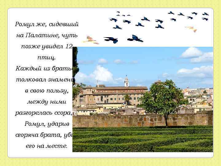 Ромул же, сидевший на Палатине, чуть позже увидел 12 птиц. Каждый из братьев толковал
