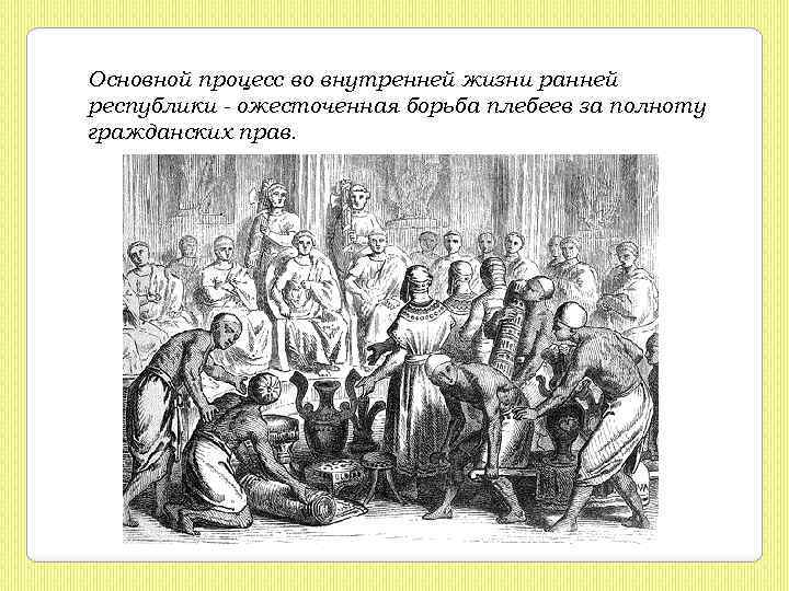 Основной процесс во внутренней жизни ранней республики - ожесточенная борьба плебеев за полноту гражданских