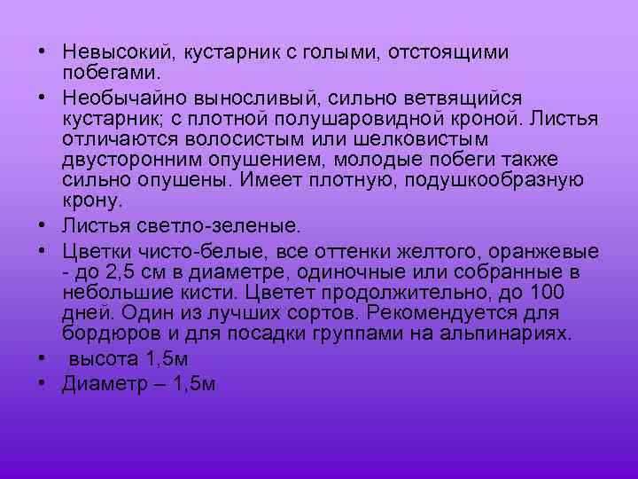  • Невысокий, кустарник с голыми, отстоящими побегами. • Необычайно выносливый, сильно ветвящийся кустарник;