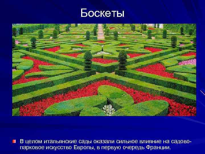 Боскеты В целом итальянские сады оказали сильное влияние на садовопарковое искусство Европы, в первую