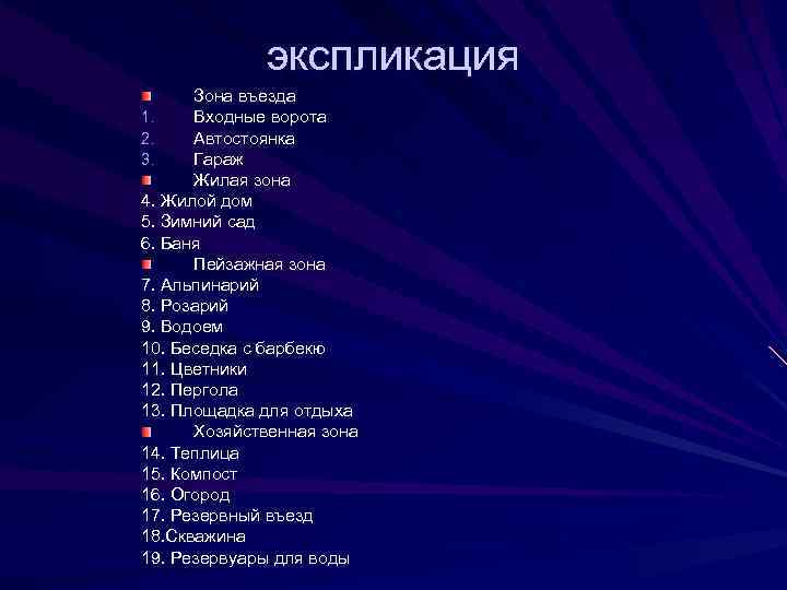 экспликация Зона въезда 1. Входные ворота 2. Автостоянка 3. Гараж Жилая зона 4. Жилой