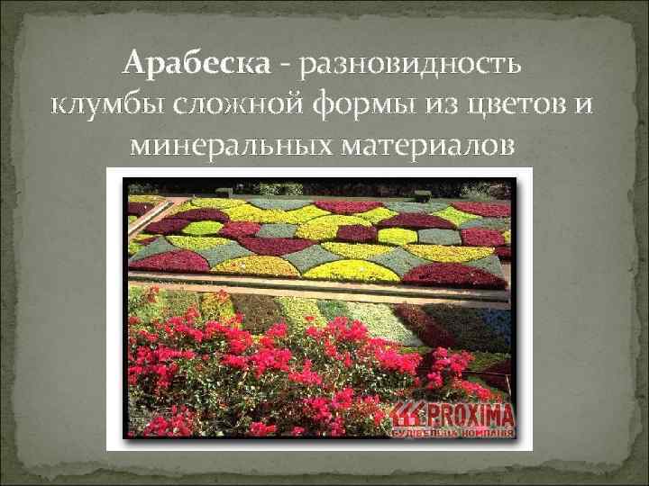 Арабеска - разновидность клумбы сложной формы из цветов и минеральных материалов 