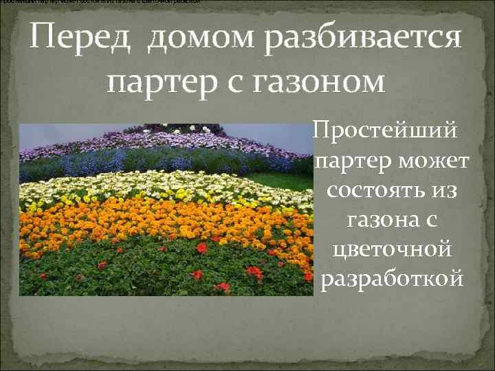 Простейший партер может состоять из газона с цветочной рабаткой Перед домом разбивается партер с