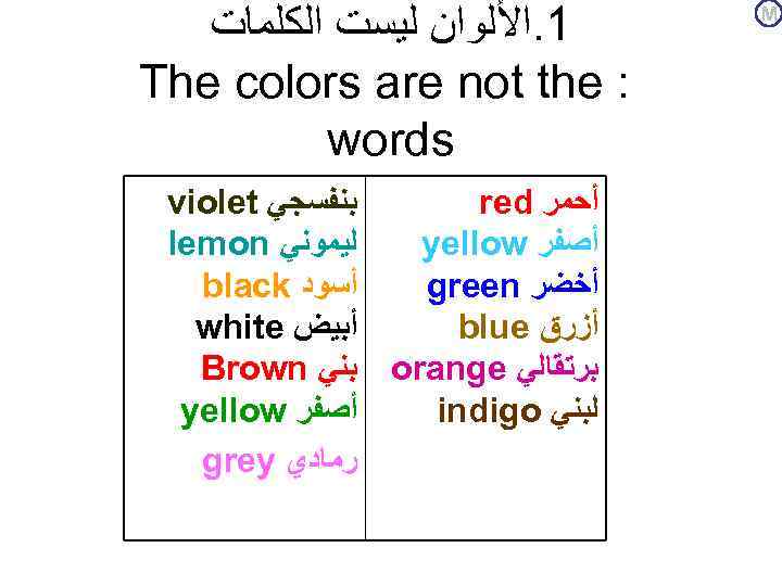  1. ﺍﻷﻠﻮﺍﻥ ﻟﻴﺴﺖ ﺍﻟﻜﻠﻤﺎﺕ The colors are not the : words violet ﺑﻨﻔﺴﺠﻲ