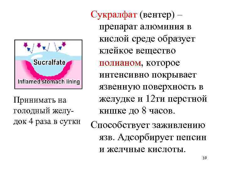 Сукралфат (вентер) – препарат алюминия в кислой среде образует клейкое вещество полианом, которое интенсивно