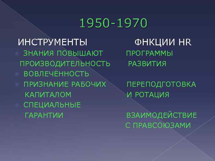 1950 -1970 ИНСТРУМЕНТЫ ЗНАНИЯ ПОВЫШАЮТ ПРОИЗВОДИТЕЛЬНОСТЬ ВОВЛЕЧЁННОСТЬ ПРИЗНАНИЕ РАБОЧИХ КАПИТАЛОМ СПЕЦИАЛЬНЫЕ ГАРАНТИИ ФНКЦИИ HR