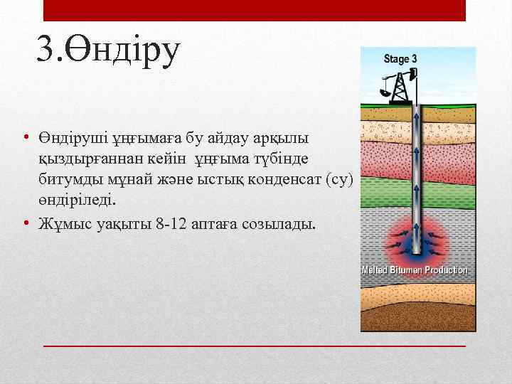 3. Өндіру • Өндіруші ұңғымаға бу айдау арқылы қыздырғаннан кейін ұңғыма түбінде битумды мұнай