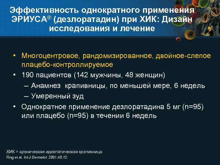 Эффективность однократного применения ЭРИУСА® (дезлоратадин) при ХИК: Дизайн исследования и лечение • Многоцентровое, рандомизированное,