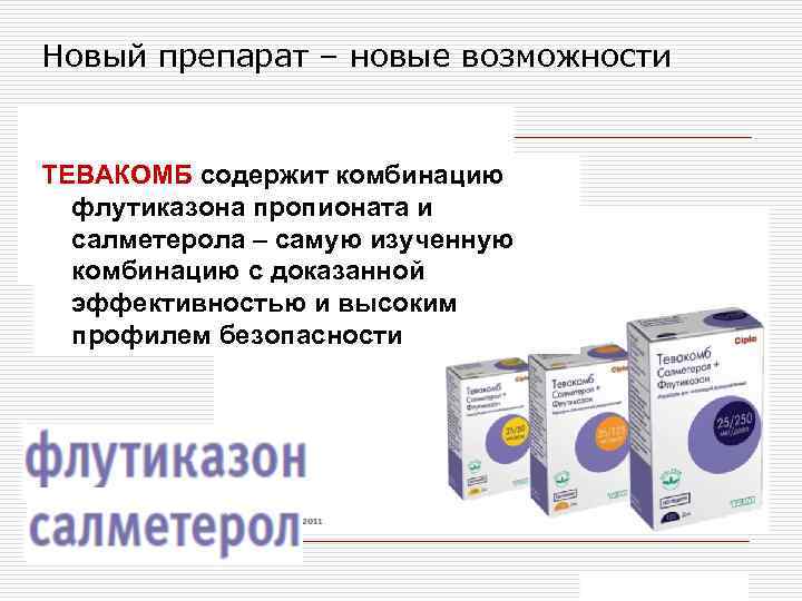 Новый препарат – новые возможности ТЕВАКОМБ содержит комбинацию флутиказона пропионата и салметерола – самую