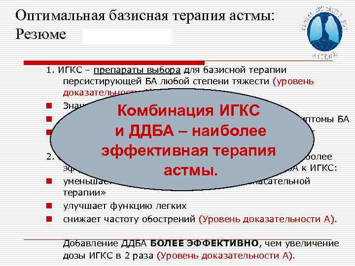 Оптимальная базисная терапия астмы: Резюме 1. ИГКС – препараты выбора для базисной терапии персистирующей