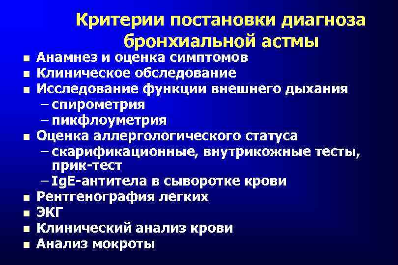 Критерии постановки диагноза бронхиальной астмы Анамнез и оценка симптомов Клиническое обследование Исследование функции внешнего