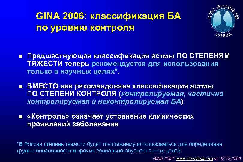 GINA 2006: классификация БА по уровню контроля Предшествующая классификация астмы ПО СТЕПЕНЯМ ТЯЖЕСТИ теперь