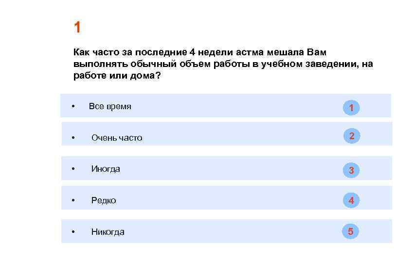 1 Как часто за последние 4 недели астма мешала Вам выполнять обычный объем работы