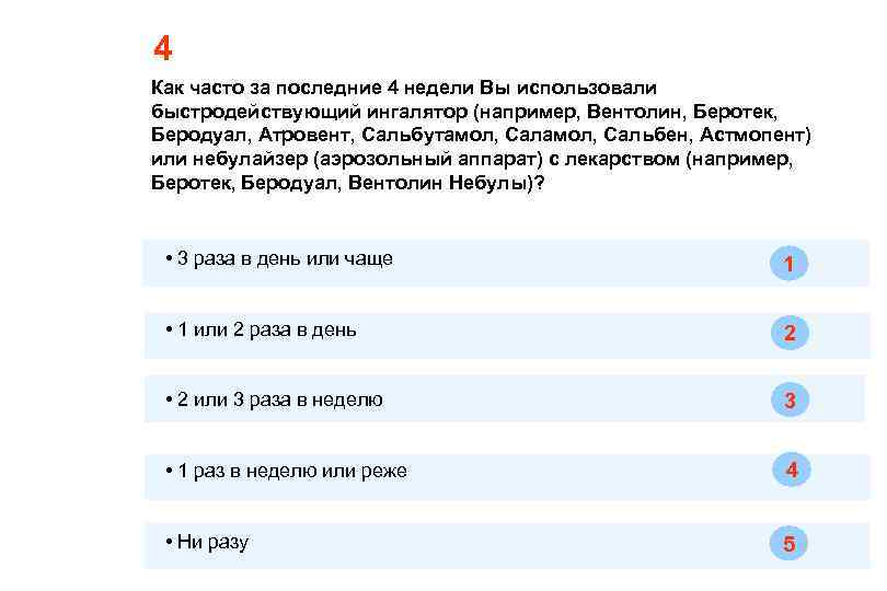 4 Как часто за последние 4 недели Вы использовали быстродействующий ингалятор (например, Вентолин, Беротек,