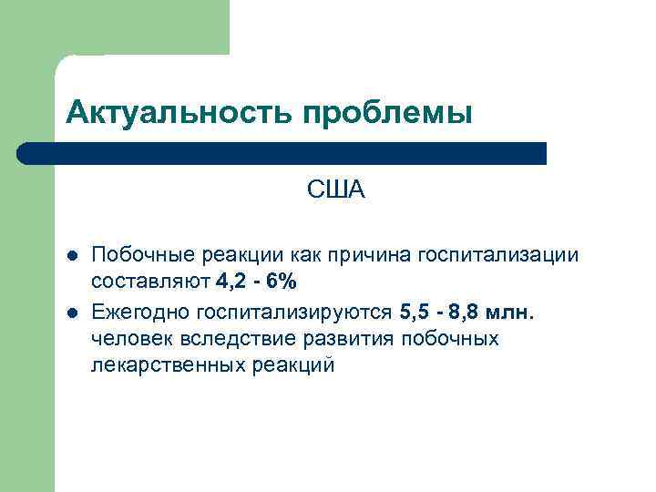 Актуальность проблемы США l l Побочные реакции как причина госпитализации составляют 4, 2 -