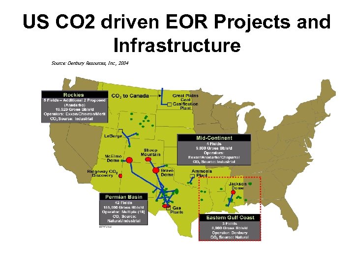 US CO 2 driven EOR Projects and Infrastructure Source: Denbury Resources, Inc. , 2004