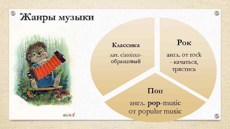Жанры музыки Классика лат. classicusобразцовый Рок англ. от rock - качаться, трястись Поп англ.