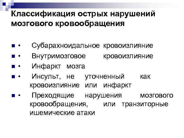 Классификация острых нарушений мозгового кровообращения n • • n n n Субарахноидальное кровоизлияние Внутримозговое