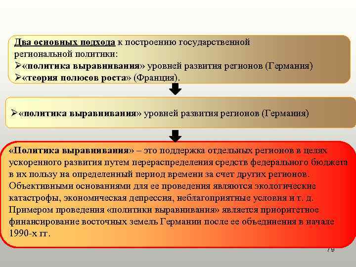 Два основных подхода к построению государственной региональной политики: Ø «политика выравнивания» уровней развития регионов