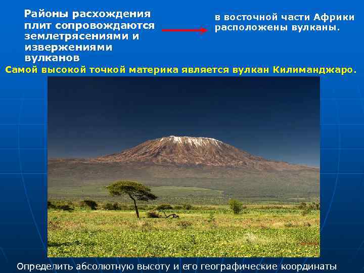 Районы расхождения плит сопровождаются землетрясениями и извержениями вулканов в восточной части Африки расположены вулканы.