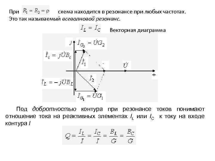 При схема находится в резонансе при любых частотах. Это так называемый всеволновой резонанс. Векторная