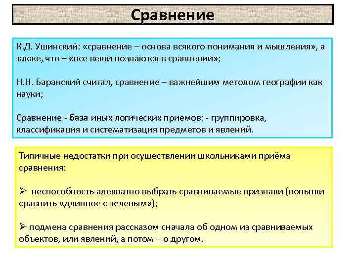 Сравнение К. Д. Ушинский: «сравнение – основа всякого понимания и мышления» , а также,