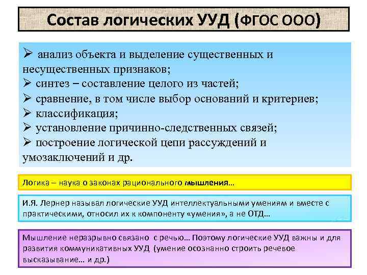 Состав логических УУД (ФГОС ООО) Ø анализ объекта и выделение существенных и несущественных признаков;