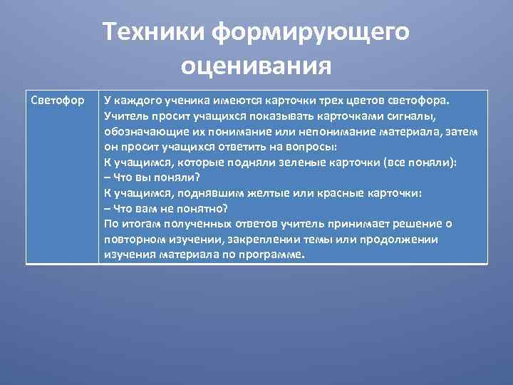 Техники формирующего оценивания Светофор У каждого ученика имеются карточки трех цветов светофора. Учитель просит