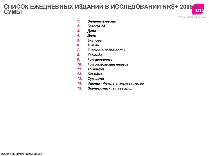 СПИСОК ЕЖЕДНЕВНЫХ ИЗДАНИЙ В ИССЛЕДОВАНИИ NRS+ 2008/2. СУМЫ 1. 2. 3. 4. 5. 6.