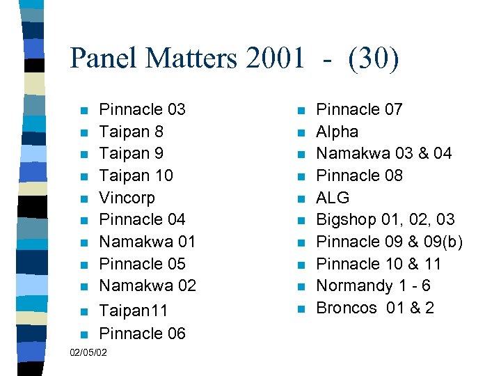 Panel Matters 2001 - (30) n n n Pinnacle 03 Taipan 8 Taipan 9