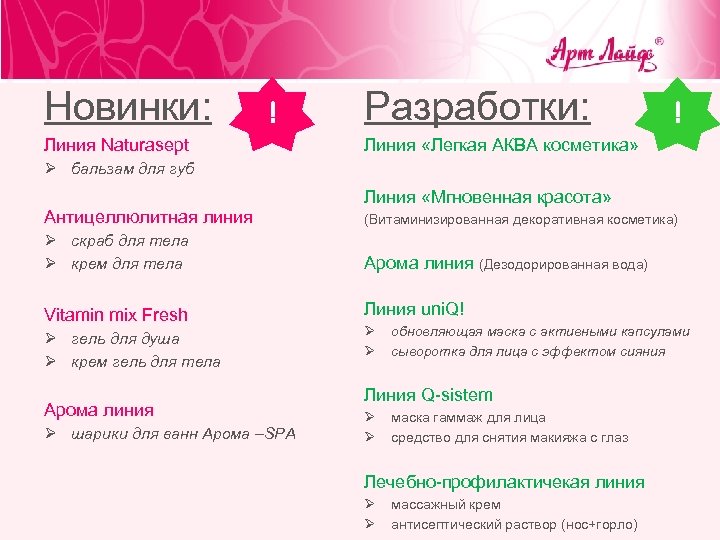 Новинки: ! Линия Naturasept Разработки: ! Линия «Легкая АКВА косметика» Ø бальзам для губ