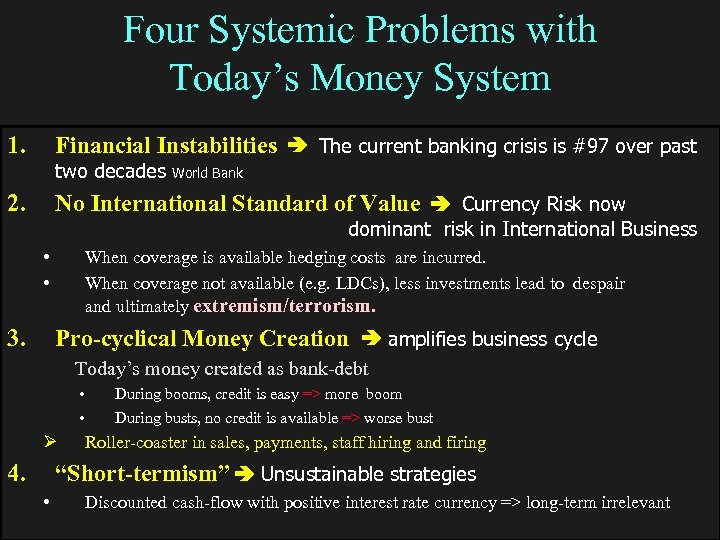 Four Systemic Problems with Today’s Money System 1. Financial Instabilities The current banking crisis