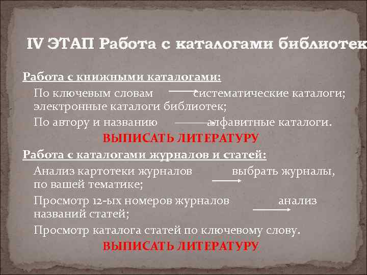 IV ЭТАП Работа с каталогами библиотек Работа с книжными каталогами: - По ключевым словам