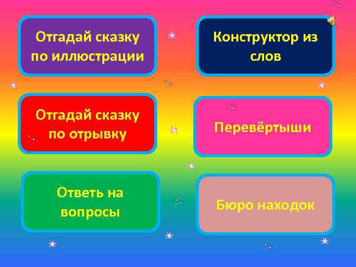 Отгадай сказку по иллюстрации Конструктор из слов Отгадай сказку по отрывку Перевёртыши Ответь на