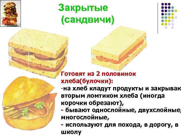 Закрытые (сандвичи) Готовят из 2 половинок хлеба(булочки): -на хлеб кладут продукты и закрываю вторым