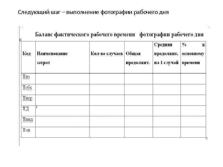 Следующий шаг – выполнение фотографии рабочего дня 