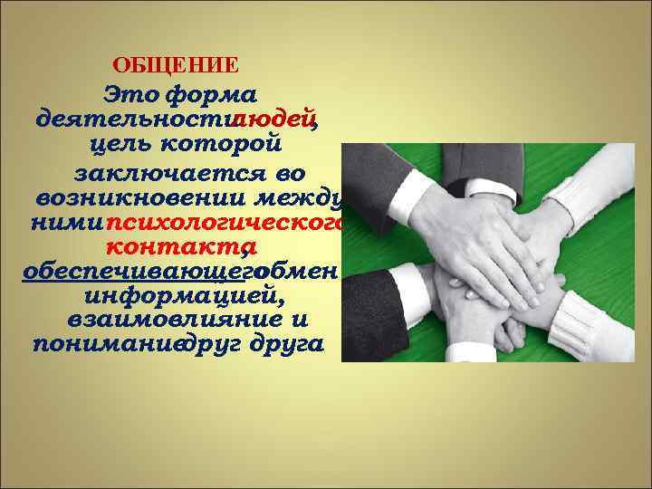 ОБЩЕНИЕ Это форма деятельности людей , цель которой заключается во возникновении между ними психологического