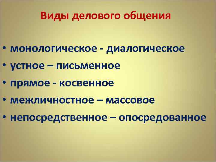 Виды делового общения • • • монологическое - диалогическое устное – письменное прямое -